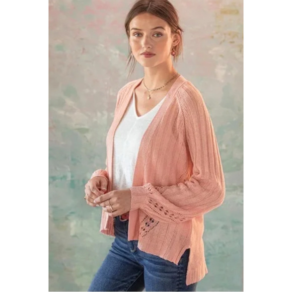 Sundance Open Front Lightweight Cardigan Linen Coral Pink Pointelle PS - Picture 1 of 5